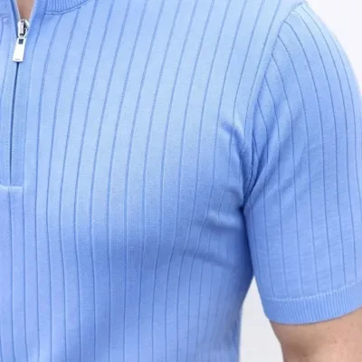 Men's Baby Blue Ribbed Mandarin Collar Short Sleeve Knit T-Shirt 4