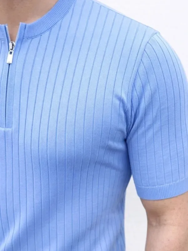 Men's Baby Blue Ribbed Mandarin Collar Short Sleeve Knit T-Shirt 4
