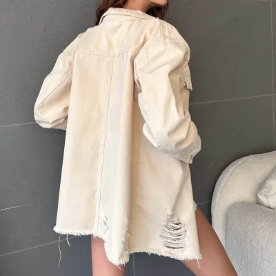 Cibli Cırıq Detallı Oversize Köynək Ceket Bej 4