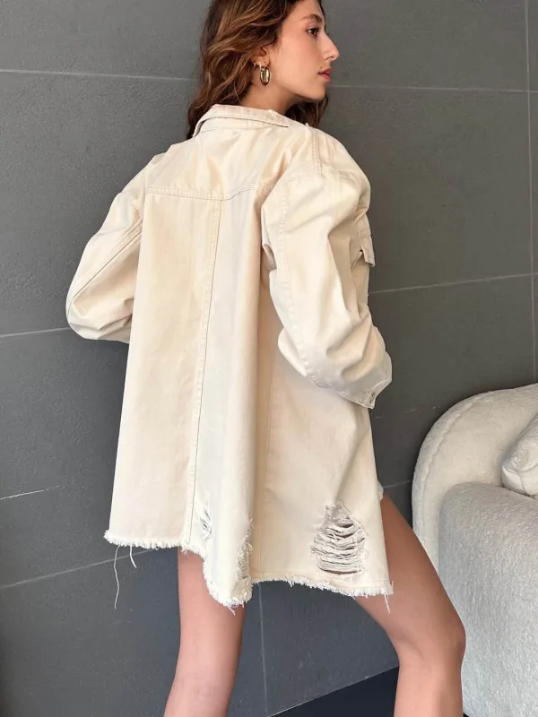 Cibli Cırıq Detallı Oversize Köynək Ceket Bej 4