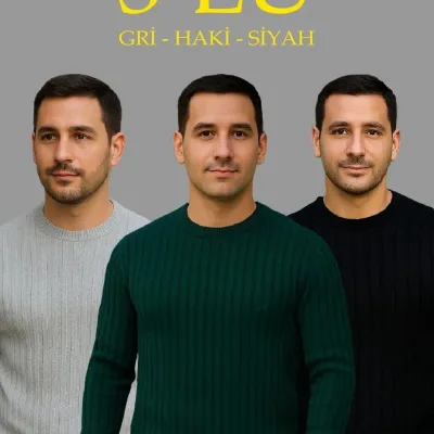 Kişi Boz Xaki Qara 3-lü Set Qabırğalı Velosiped Yaxalı Qalın Sviter 1