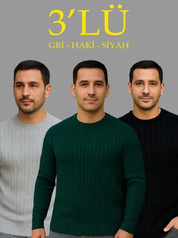 Kişi Boz Xaki Qara 3-lü Set Qabırğalı Velosiped Yaxalı Qalın Sviter 1