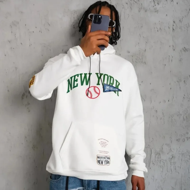 Férfi fehér oversized 3 szálas pamut kapucnis nyomott sweatshirt