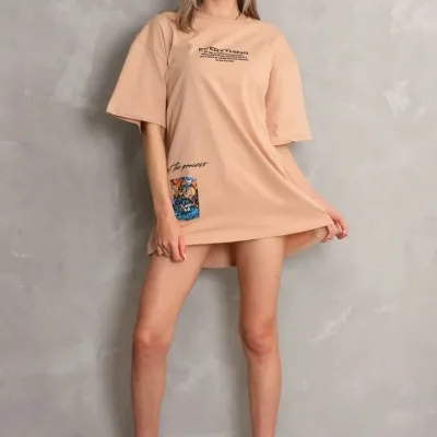 Γυναικείο Μπεζ Oversize Στρογγυλό Λαιμό Τυπωμένο Κοντομάνικο Μπλουζάκι 4