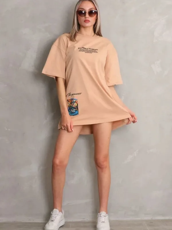 Γυναικείο Μπεζ Oversize Στρογγυλό Λαιμό Τυπωμένο Κοντομάνικο Μπλουζάκι 4