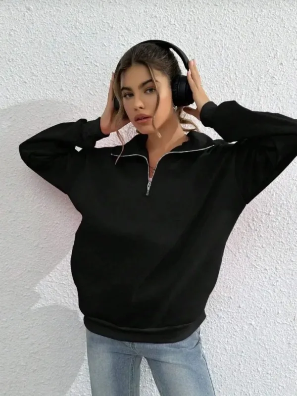 Dámsky čierny 3-niťový bavlnený polovičný zips golier sweatshirt 4