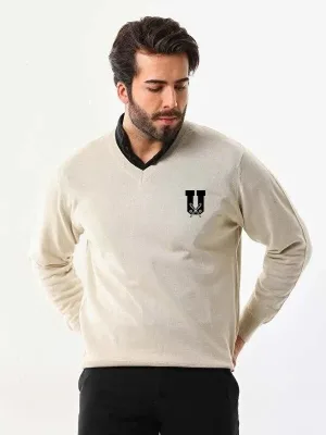 Męski Beżowy V-Neck z Nadrukiem Tkany Sweter Dzianinowy
