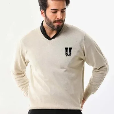 Męski Beżowy V-Neck z Nadrukiem Tkany Sweter Dzianinowy 1