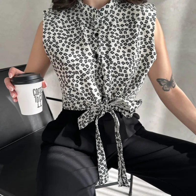 Floral Pattern Tie Detail Crop Shirt Blouse White