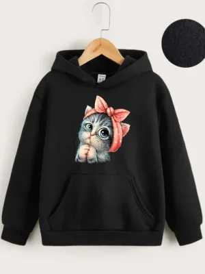 Zarok Reş Kapşonlu Şîrîn Pisîk Çapkirî Oversize Sweatshirt