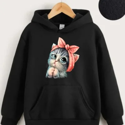 Çocuk Siyah Kapüşonlu Tatlı Kedi Baskılı Oversize Sweatshirt 1