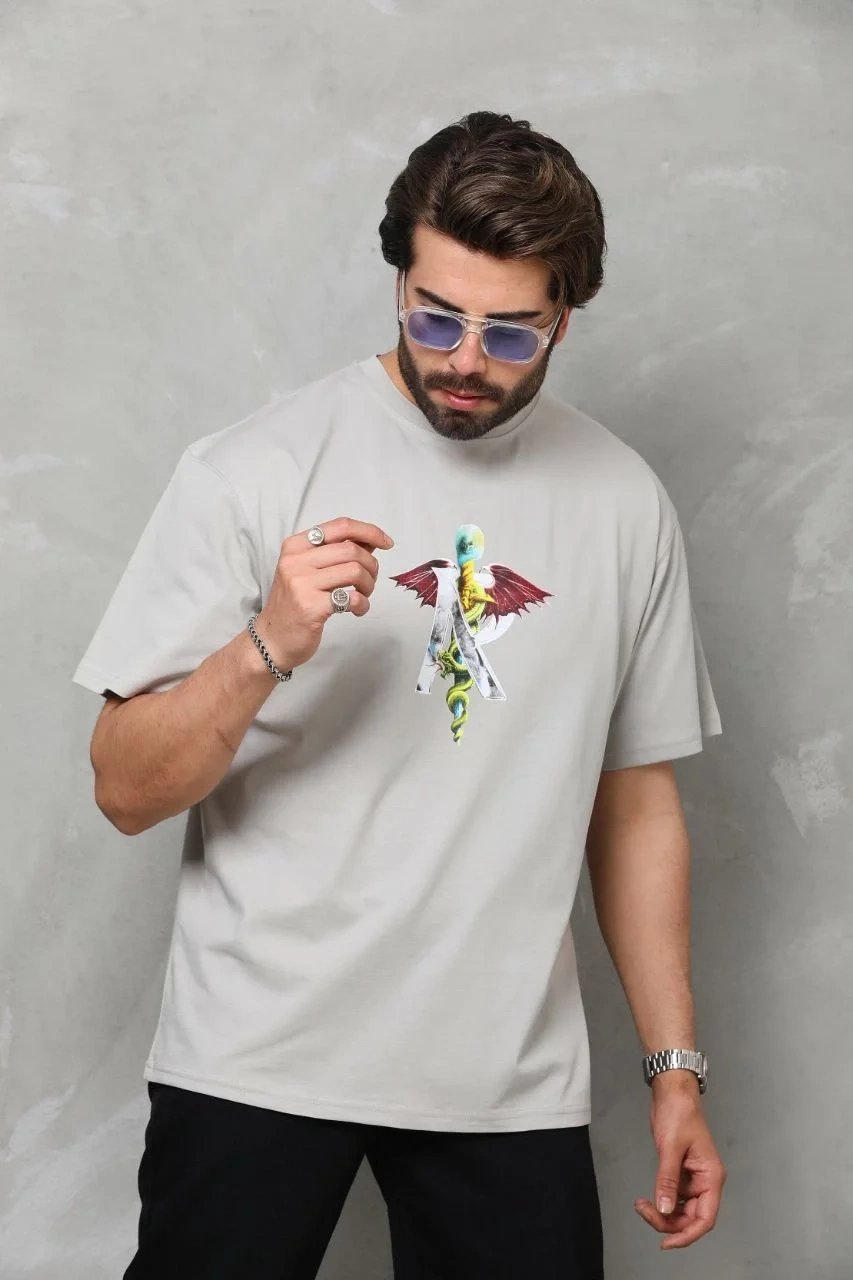 Γκρι Ανδρικό Regular Fit Ποδήλατο Λαιμό Τυπωμένο T-shirt 3
