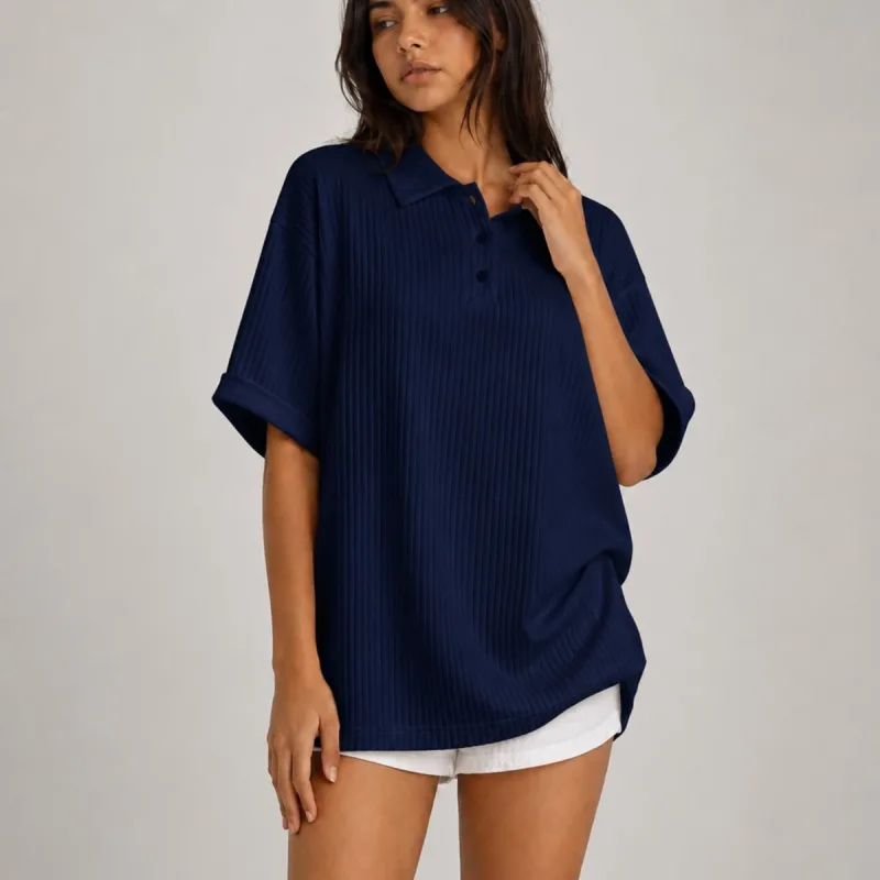 Tmavomodré oversize unisex bavlna polo s golierom tričko