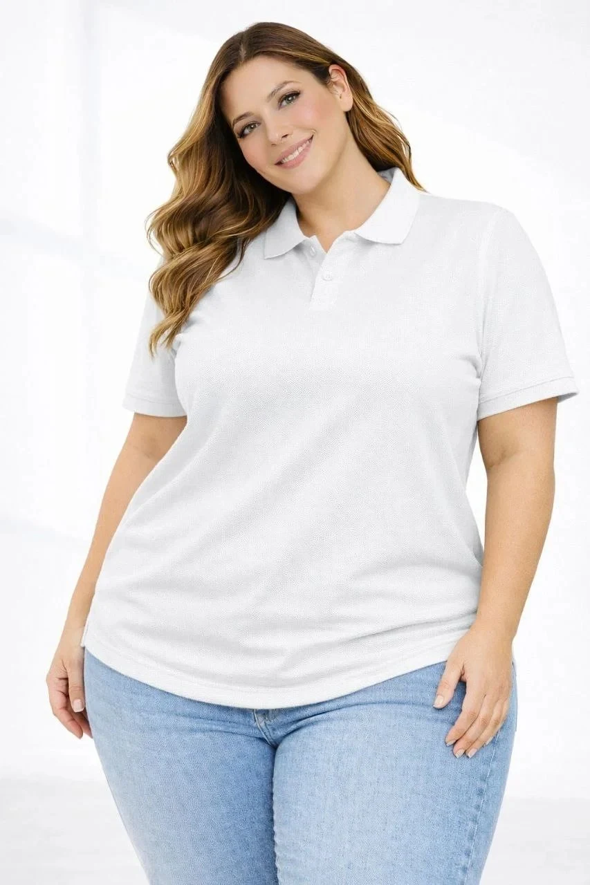 Ženska bela plus size pike tkanina polo kragna kratkih rukava majica