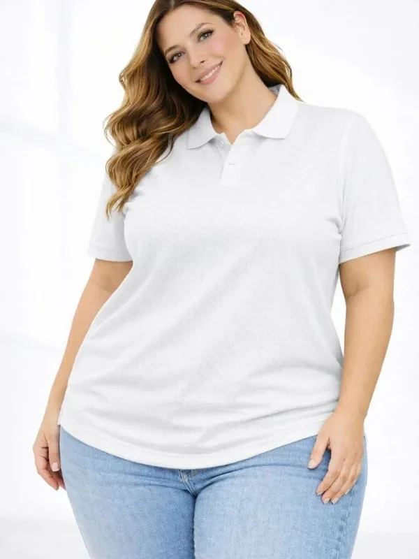 Ženska bela plus size pike tkanina polo kragna kratkih rukava majica 1