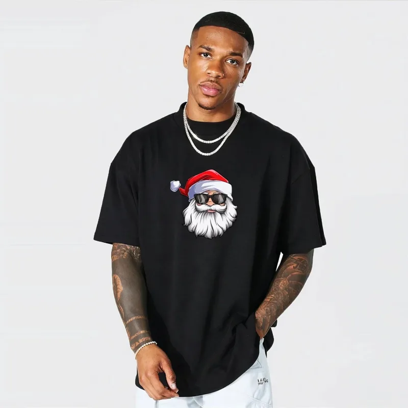 Bărbat Negru Oversize Anul Nou Imprimat Guler Bicicletă Tricou