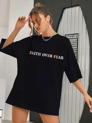 Γυναικείο Μαύρο Oversize Ποδηλατόλαιμο Τυπωμένο Μπλουζάκι