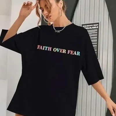 Γυναικείο Μαύρο Oversize Ποδηλατόλαιμο Τυπωμένο Μπλουζάκι 1