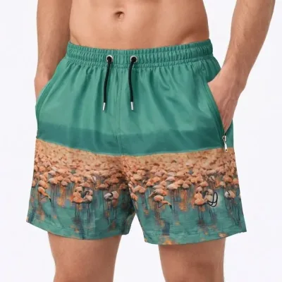 Men's Aqua Green Zippered Pocket Mesh Lined Quick-Dry Swim Shorts 1