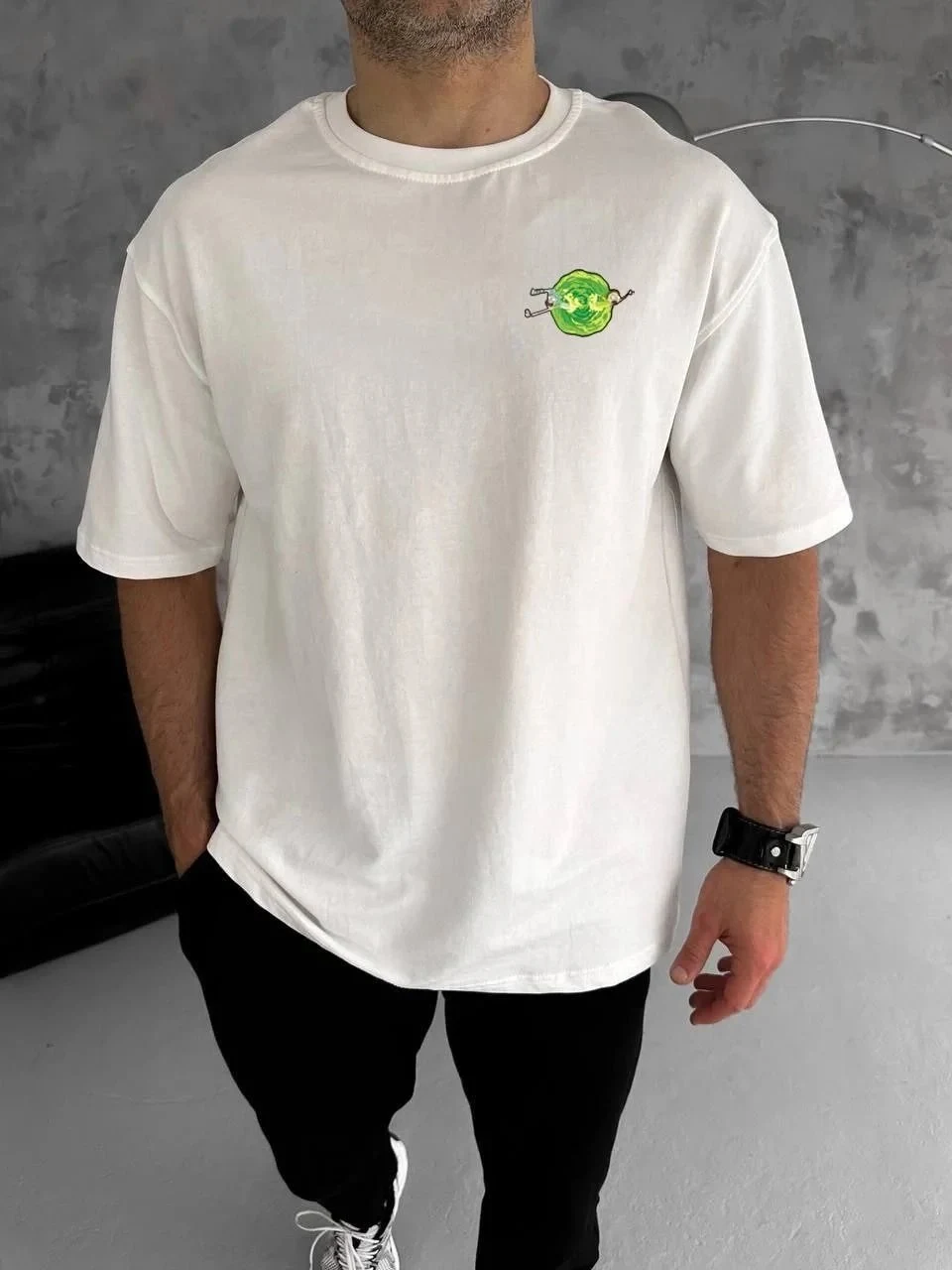 Ανδρικό Λευκό Ποδήλατο Λαιμό Rick and Morty Τυπωμένο Μπλουζάκι