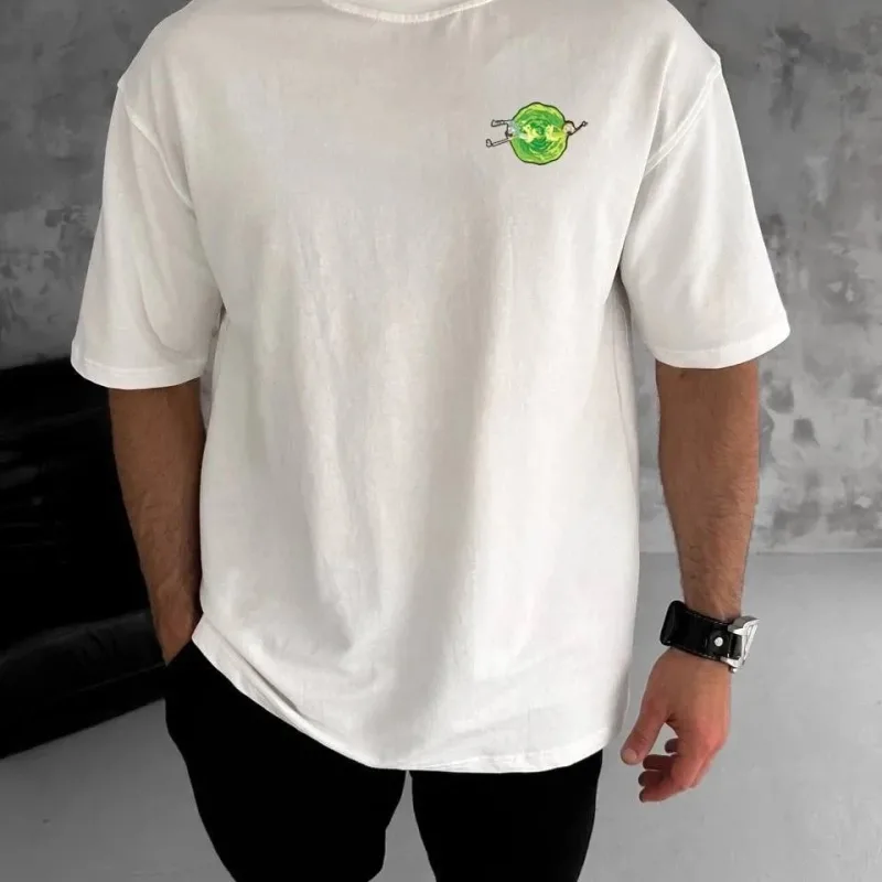 Bărbat Alb Guler Bicicletă Rick and Morty Imprimat Tricou