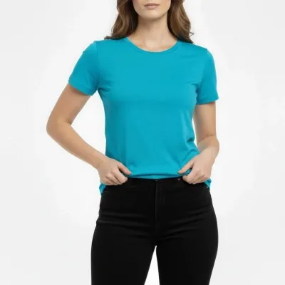Damski turkusowy slim fit T-shirt z dekoltem w serek, elastyczny, podstawowy 2
