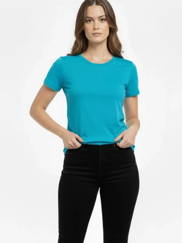 Damski turkusowy slim fit T-shirt z dekoltem w serek, elastyczny, podstawowy 2