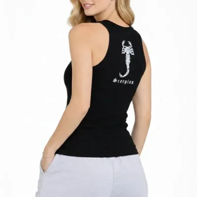 Женска Црна Slim Fit Ребраста Заден Печатен Спортска Маичка 2