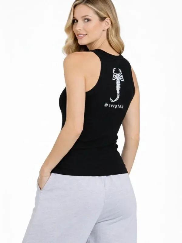 Женска Црна Slim Fit Ребраста Заден Печатен Спортска Маичка 2