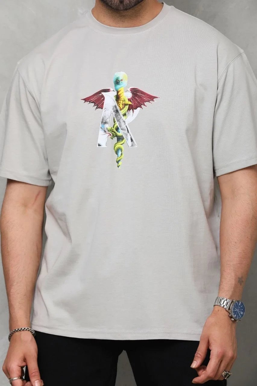 Γκρι Ανδρικό Regular Fit Ποδήλατο Λαιμό Τυπωμένο T-shirt 2