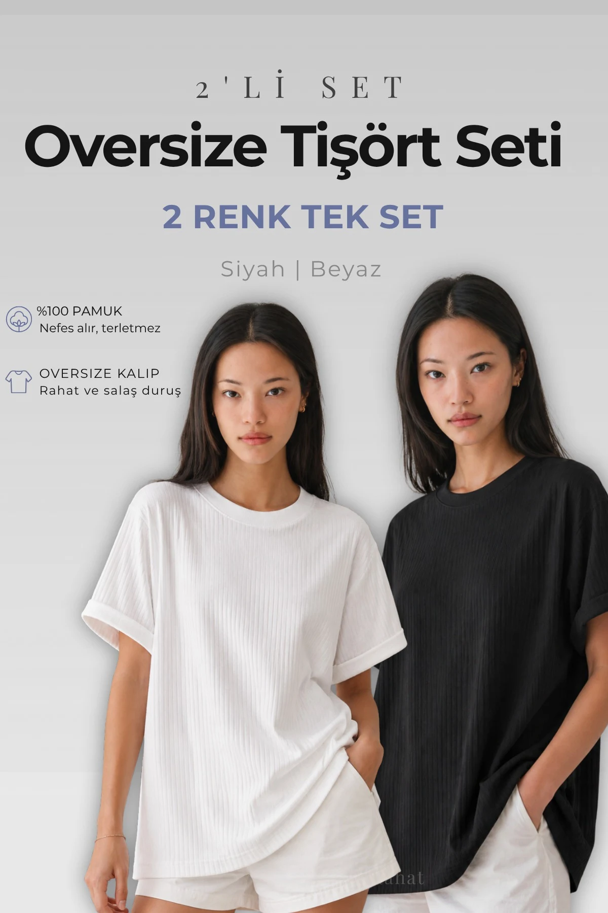Kadın Siyah Beyaz 2'li Fitilli Oversize Pamuk Basic Tişört Seti