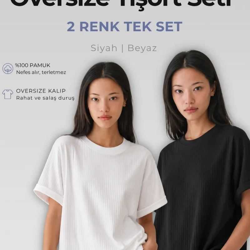 Koma T-Shirtên Basic ên Oversize yên Ribana yên Jinan ên Reş û Spî %100 Pembû