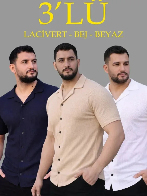 Kişi 3-lü Dəst Vaffel Parça Yaxalı Qısa Qol Düyməli Köynək 1