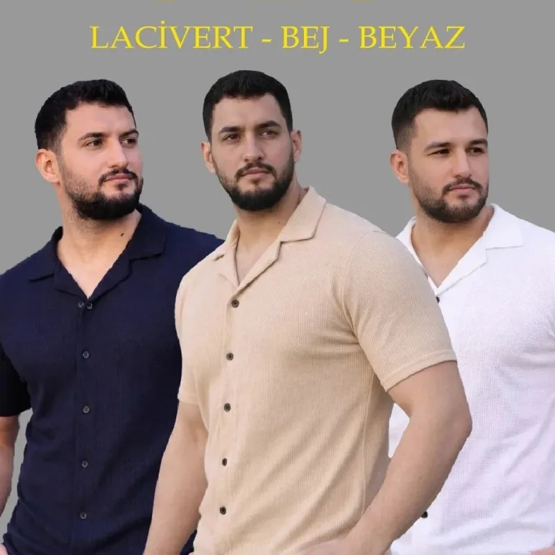 Kişi 3-lü Dəst Vaffel Parça Yaxalı Qısa Qol Düyməli Köynək