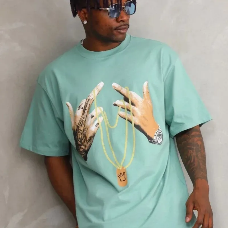 Men's Mint Green Oversize Crew Neck Printed T-Shirt