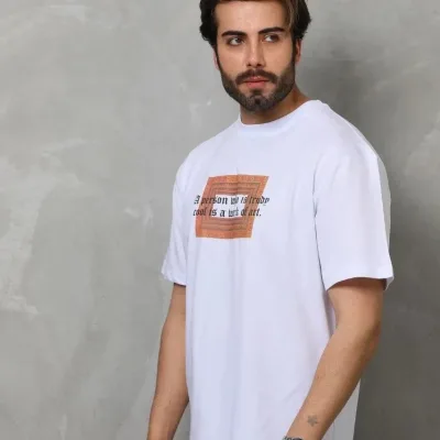 Λευκό Ανδρικό Regular Ποδήλατο Λαιμό Τυπωμένο T-shirt 1