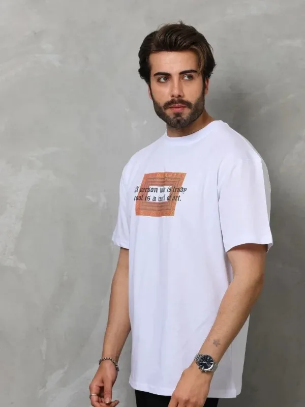 Λευκό Ανδρικό Regular Ποδήλατο Λαιμό Τυπωμένο T-shirt 1