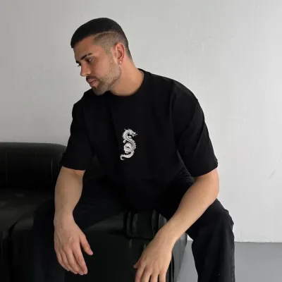 Men's Black Regular Fit Cycling Neck Front Back Printed T-Shirt 2