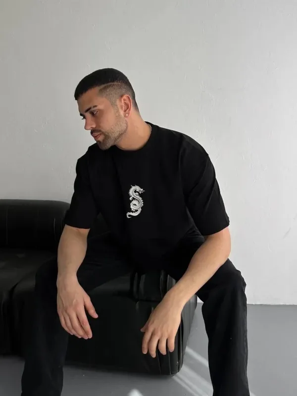 Men's Black Regular Fit Cycling Neck Front Back Printed T-Shirt 2