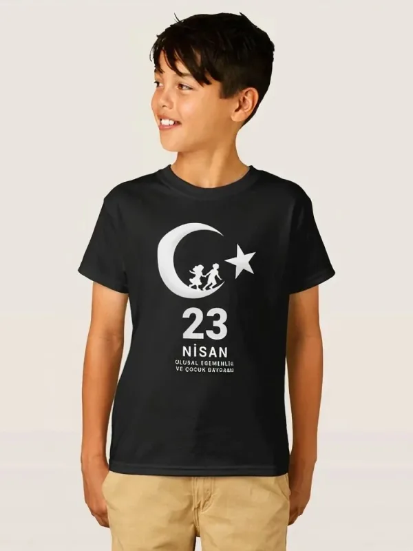 Dečija Crna 23. April Print Okrugli Izrez Majica 3