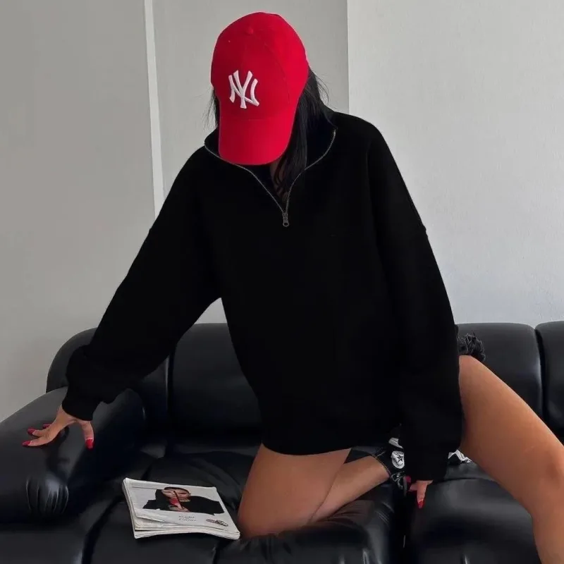 Damski Czarny Oversize Półzamknięty Bawełniany Sweatshirt