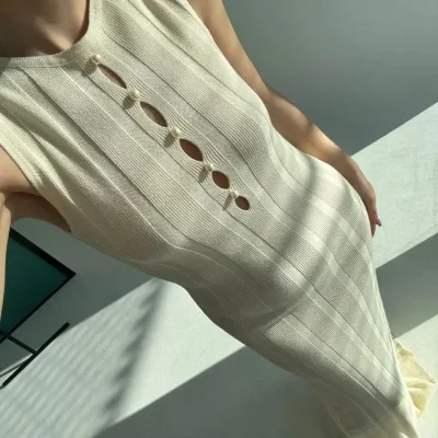 Ženska Lomljena Bela Debela Rebrasta Duga Triko Haljina 4