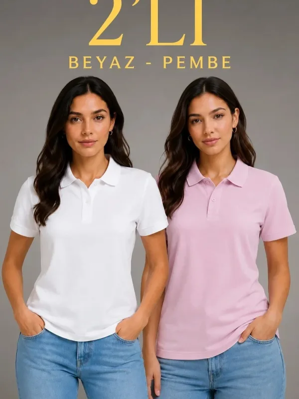 Damski Zestaw 2 szt. Basic Koszulka Polo z Guzikami z Tkaniny Pike 1