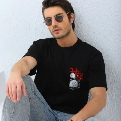 Ανδρικό Μαύρο Oversize Ποδηλατόλαιμο Τυπωμένο T-shirt 8