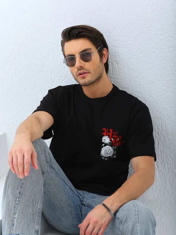 Ανδρικό Μαύρο Oversize Ποδηλατόλαιμο Τυπωμένο T-shirt 8
