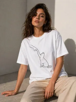 Qadın Ağ Minimal Pişik Rəsm Çap Qısa Qol T-Shirt
