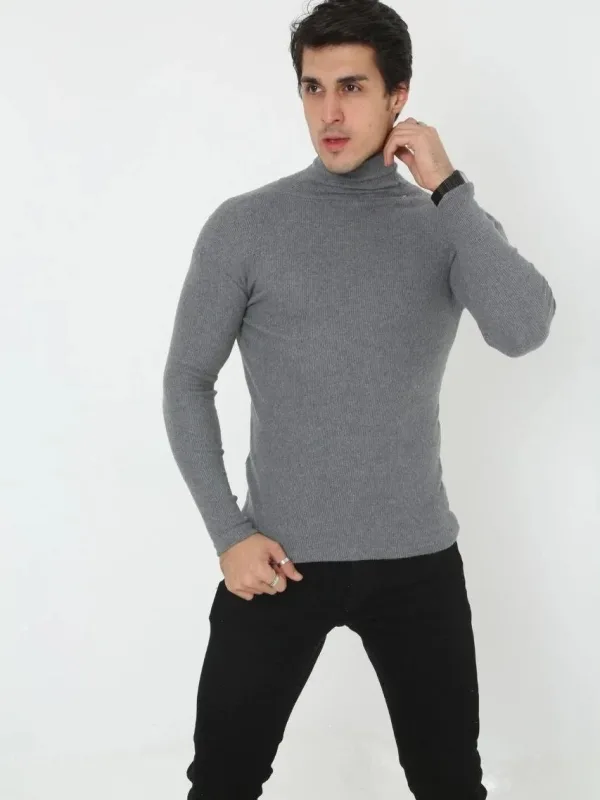 Erkek Füme Fitilli Boğazlı Likralı Slimfit Body