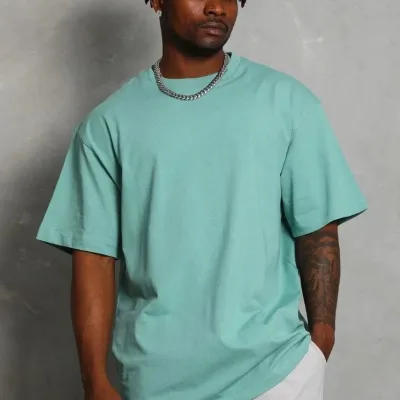 Bărbați Mentă Verde Oversize Guler Bicicletă Simplu Tricou de Vară 3