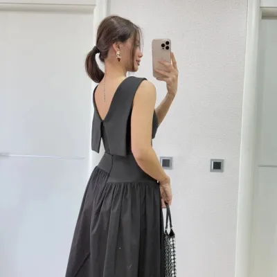 Women's Black Back Wing Detail Front Dart Long Dress 4