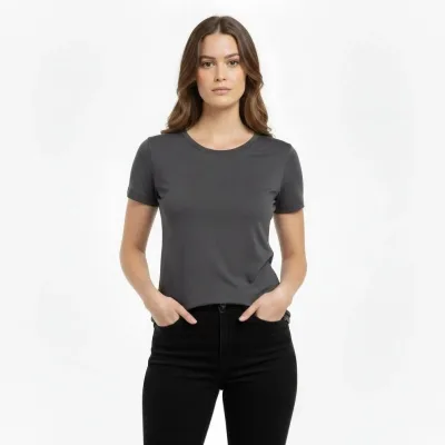 Damski dymiony slim fit T-shirt z dekoltem w serek, elastyczny, podstawowy 2